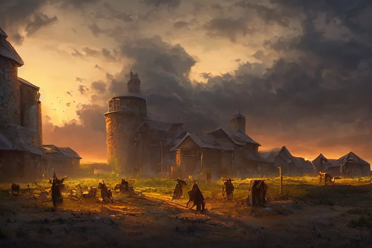 Prompt: merchants seize farmland to build their roads sunset lighting ominous shadows, cinematic fantasy painting, dungeons and dragons, jessica rossier and brian froud