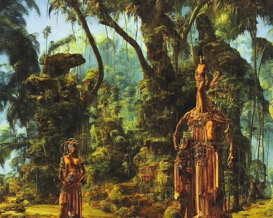 Prompt: an achingly beautiful oil painting of an Incan statue standing alone on the corner of a vibrant futuristic city in the jungle by Raphael and Hopper.