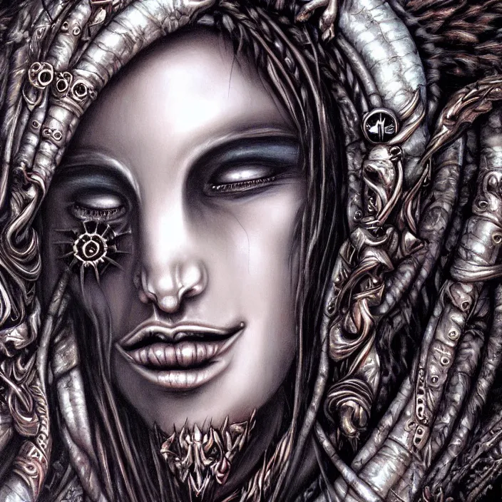 Image similar to close up portrait, goddess of death, by anne stokes, photorealism, highly detailed