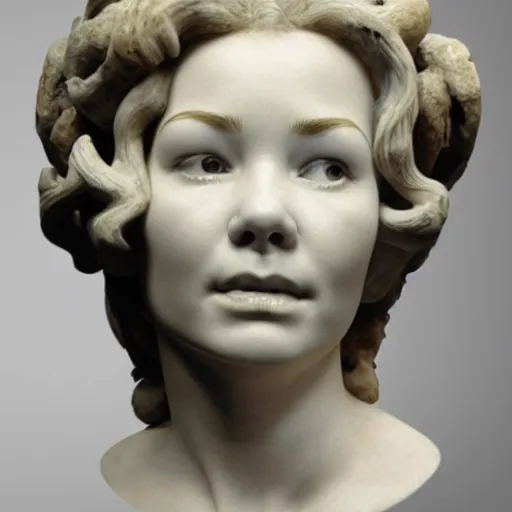Image similar to lifelike, detailed marble bust of bjork's face, artifact from ancient greece
