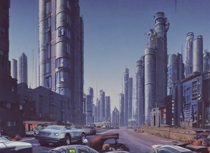 Image similar to 5 cars driving down a street in the city of [[[[[Eindhoven]]]]] next to tall buildings the night at 8:00 am, cyberpunk art by Chesley Bonestell, cgsociety, retrofuturism, matte painting, reimagined by industrial light and magic