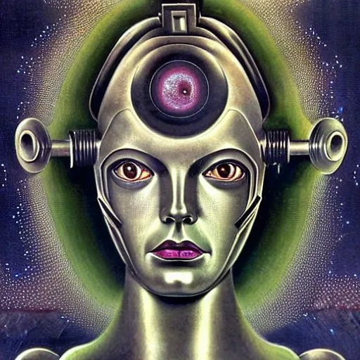 Prompt: 1 9 4 0 s robot, dmt, large metal mustache, face of emma stone, benevolent, nebula background, glowing eyes, detailed realistic surreal retro robot in full regal attire. face portrait. art nouveau, visionary, baroque, giant fractal details. vertical symmetry by zdzisław beksinski, alphonse mucha. highly detailed, realistic