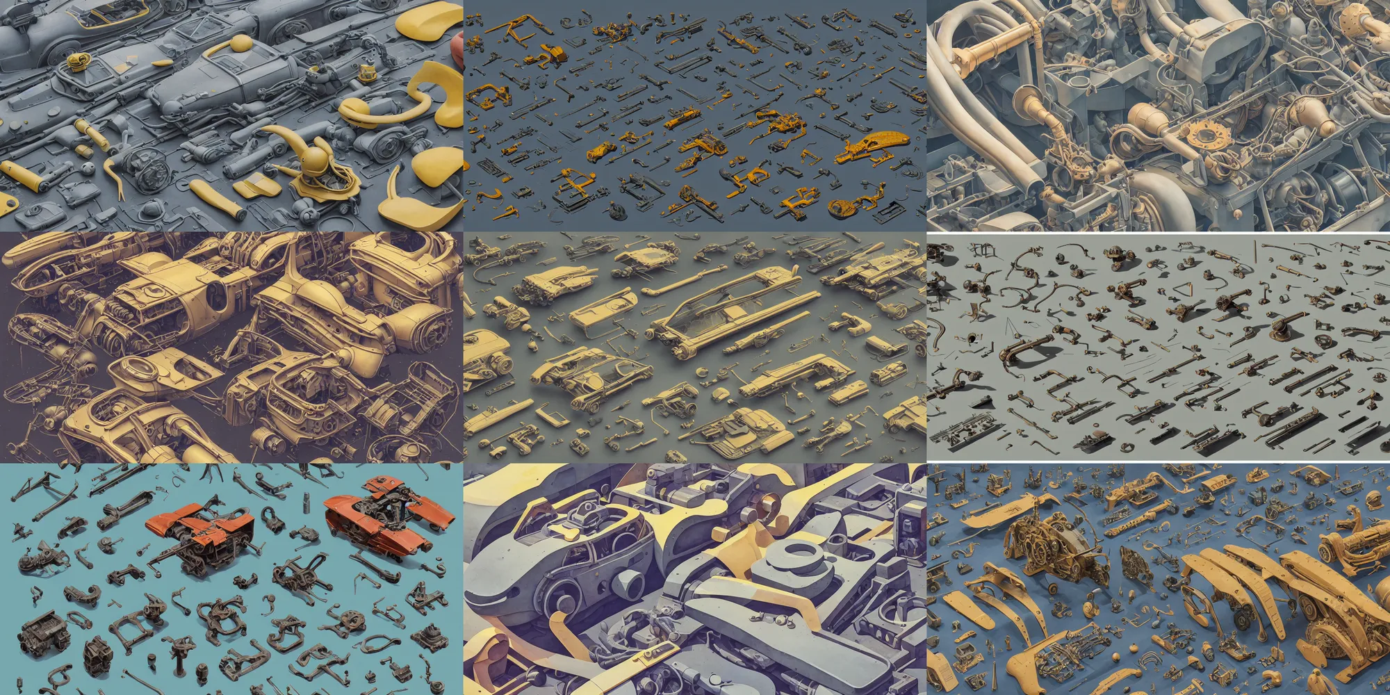 Image similar to collection of exploration of form and shapes, moebius, engine, props, hard surface, panel, simon stalenhag, kitbash, items, gadget, big medium small, close up, vehicles, futuristic, parts, machinery, greebles, insanely detailed, case, hardware, golden ratio, wes anderson color scheme, in watercolor gouache detailed paintings, sleek design, clear