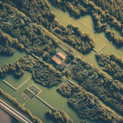 Image similar to majestic landscape, realistic, intricate, highly detailed, atmospheric, tilt shift, aerial photo, drone, 8 k