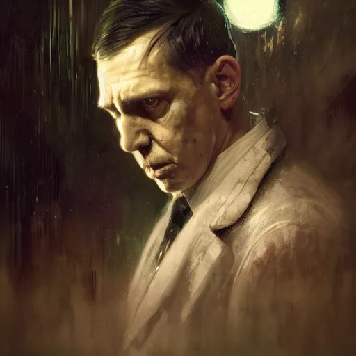 Image similar to , h p lovecraft hyperrealistic portrait, bladerunner street, art of elysium by jeremy mann and alphonse mucha and greg rutkowski, fantasy art, photo realistic, dynamic lighting, artstation, poster, volumetric lighting, very detailed face, 4 k, award winning