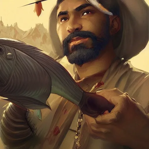 Image similar to wow! fanart young black bearded and bald man with a fish in his hand, d & d, high fantasy, detailed, digital art, artstation, smooth, sharp focus, art by artgerm, greg rutkowski, alphonse mucha