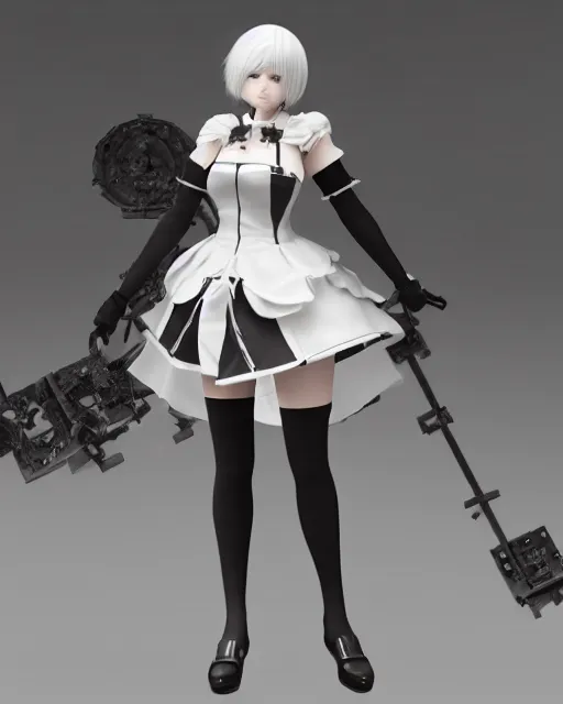 Image similar to 2B from NieR: Automata wearing a maid outfit, mechanical detail, cad, solidworks render