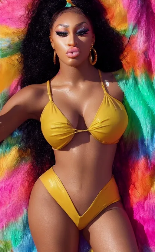 Image similar to megan thee stallion summer beach sweat dark skin hot sunlight photo - shoot photography eyelashes eyeliner eyebrows lips new song album body beautiful instagram tiktok megantheestalion