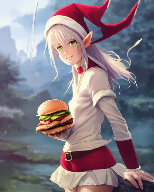 Prompt: adorable elf girl holding a burger, lord of the rings aesthetic, sexy outfit, single subject, close centered shot of burger, ambient lighting, white hair, detailed face, by makoto shinkai, stanley artgerm lau, wlop, rossdraws