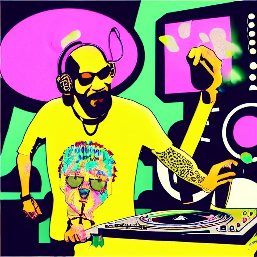 Image similar to svg sticker of a Dancing-Ben-Harper-Snoop-Spike-Lee-with-a-large-Afro-Puff, at a rave, spinning records, giant headphones rocking out, wearing headphones, huge speakers, dancing, rave, DJ, spinning records, digital art, amazing composition, rule-of-thirds, award-winning, trending on artstation, featured on deviantart