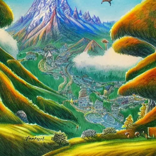 Prompt: a beautiful drawing of a Swiss valley from a fantasy world, inside which are beautiful caramel and marshmallow houses, mushrooms grow, fictitious birds fly, everything is permeated with a special radiance and beauty, magnificent trees and mighty mountains grow in the background