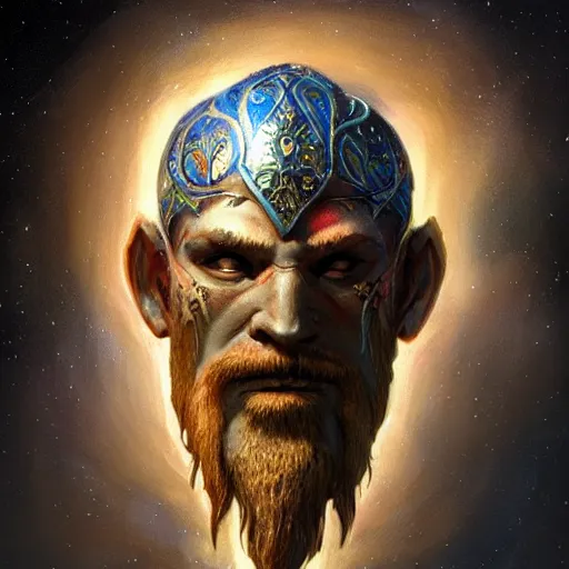 Image similar to an Artstation 3d render of Very very very very highly detailed beautiful mystic head of a phantom warrior with galaxy, tattoos by Anton Pieck, intricate, extremely detailed, digital painting, artstation, concept art, smooth, sharp focus, illustration, intimidating lighting, incredible art,