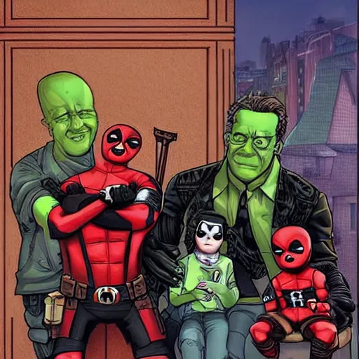 Image similar to a family photo of the deadpool twins and the nice matrix boys from down the street starring deadpool and the other guy from that show about deadpool by the artist michael hutter