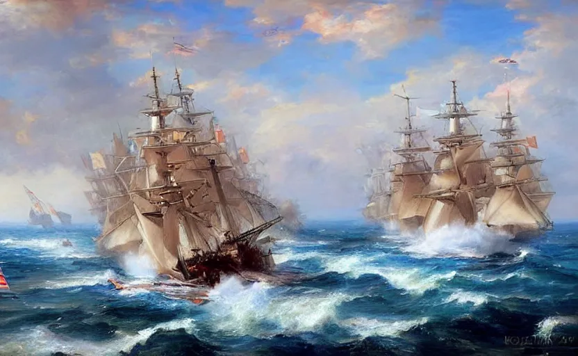 Image similar to Epic naval battle. By Konstantin Razumov, highly detailded