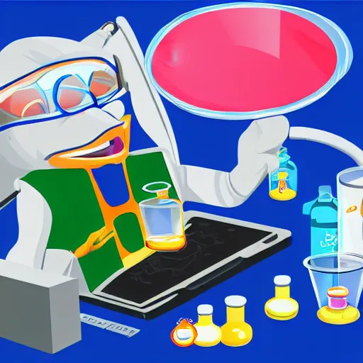 Image similar to A dolphin wearing a chemist outfit playing games on a computer, digital art