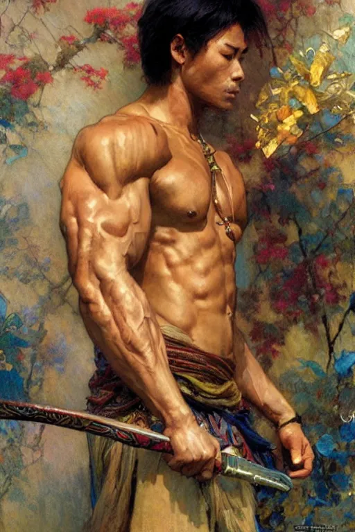 Prompt: attractive muscular man, wuxia, colorful, painting by gaston bussiere, craig mullins, greg rutkowski, alphonse mucha