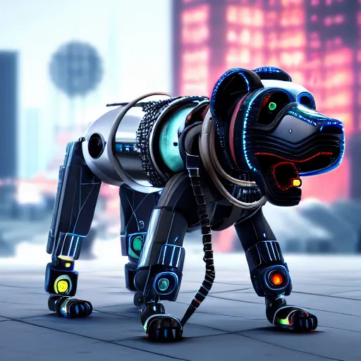 Image similar to cyberpunk dog robot, photorealistic, 8 k, highly detailed, lots of wires, scary, reflections, metal, 8 k