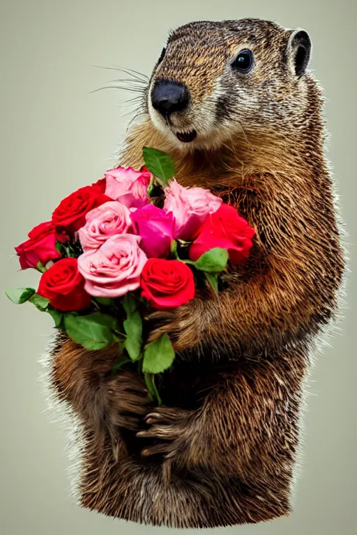 Image similar to groundhog with bouquet of roses photo portrait valentine's day