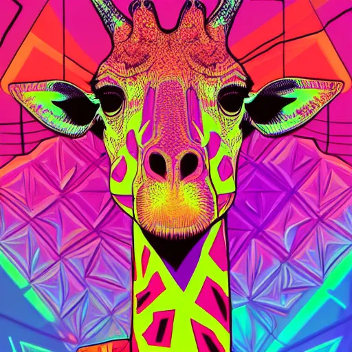 Image similar to a psychedelic neon technicolor portrait illustration of a giraffe in geometric kaleidoscopic colors with gradients vaporwave trending on artstation 4 k intricate extremely detailed digital art