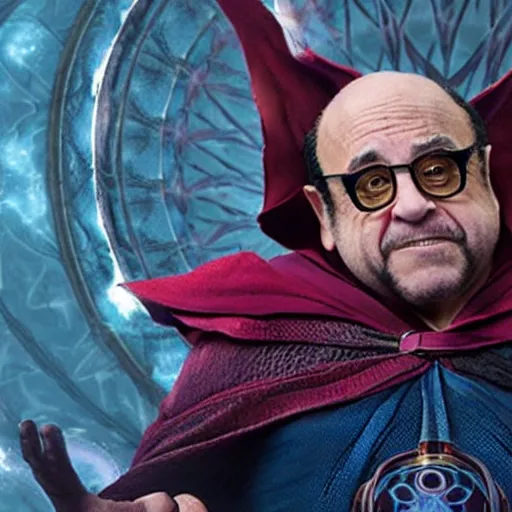 Prompt: film still of Danny Devito as Doctor Strange in the Multiverse of Madness