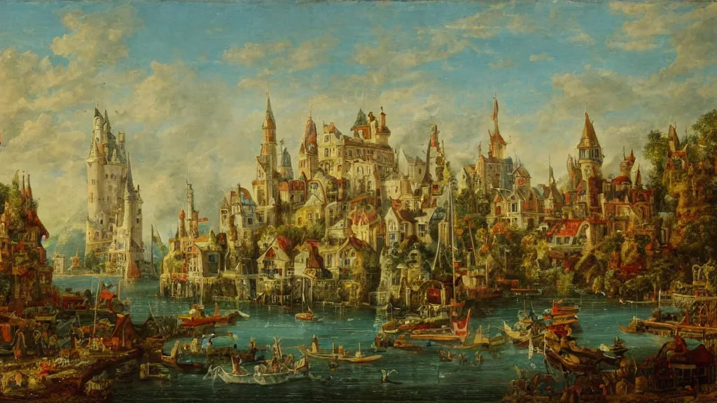 Image similar to an old enchanted fantasy town, viewed from the harbor, by jean - baptist monge,