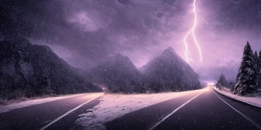 Image similar to snowy mountain road at night, lightning sky lit up with cosmic radiation, style of greg rutkowski, ominous creatures on the road, 8 k resolution, highly detailed illustration,