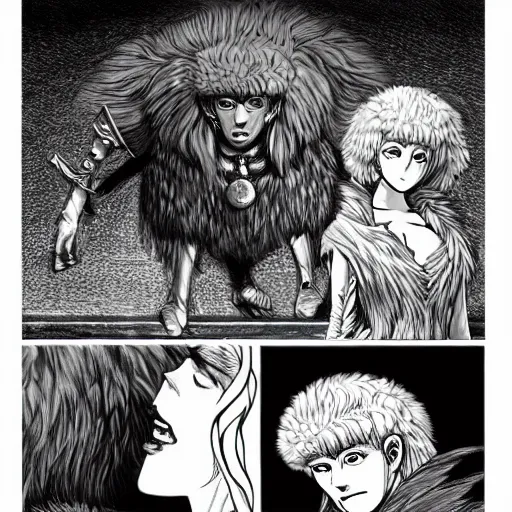 Image similar to a dressed beautiful furry, artstation hq, stylized, sharp focus, concept art, page from berserk series, created by kentaro miura