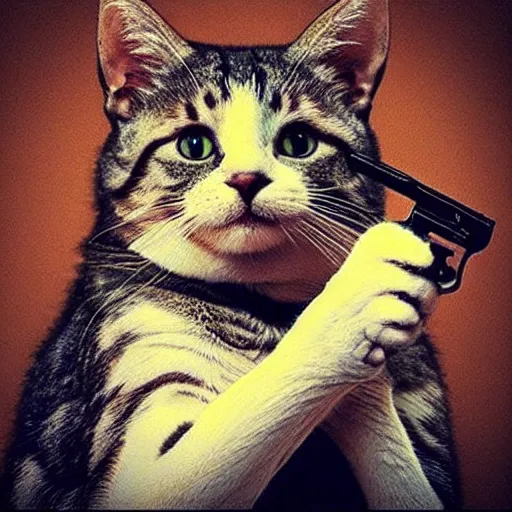 Image similar to “A cat, holding a gun in its paws”