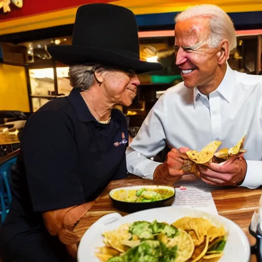 Image similar to joe biden wearing a sombrero eats tacos at mexican restaurant