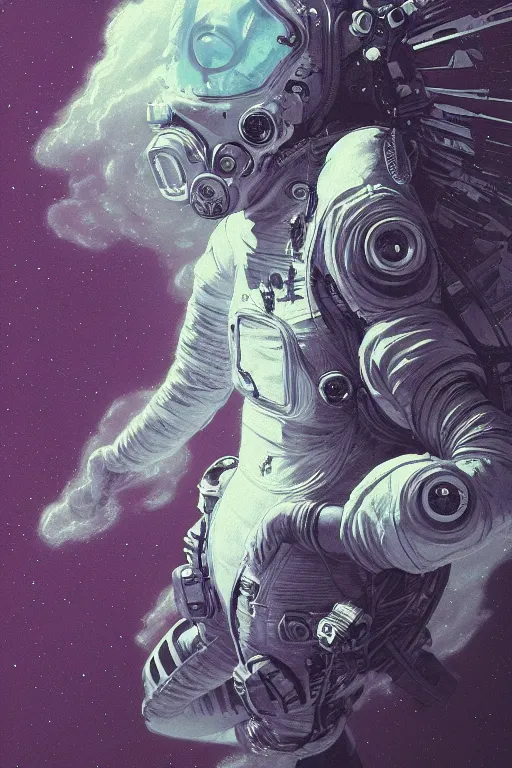 Image similar to close up shot of a full body floating woman in space suit smoke elemental fading into white smoke, high contrast, james gurney, peter mohrbacher, mike mignola, black paper, mandelbulb fractal, trending on artstation, exquisite detail perfect, large brush strokes, bold blacks and pinks and blues tones, intricate ink illustration, black background