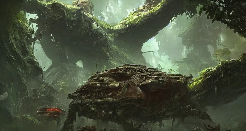 Image similar to crushed alien spaceship in jungle, concept art by darek zabrocki, tyler edlin, jordan grimmer, neil blevins, james paick, natasha tan, highly detailed, ultra detailed, ultra realistic, trending on artstation