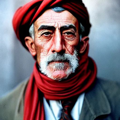 Image similar to portrait of president woodrow wilson as afghan man, green eyes and red scarf looking intently, photograph by steve mccurry