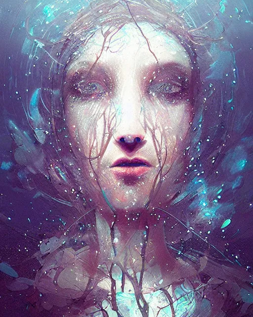 Prompt: shattered glass underwater glowing portrait, winter priestess portrait, ismail inceoglu