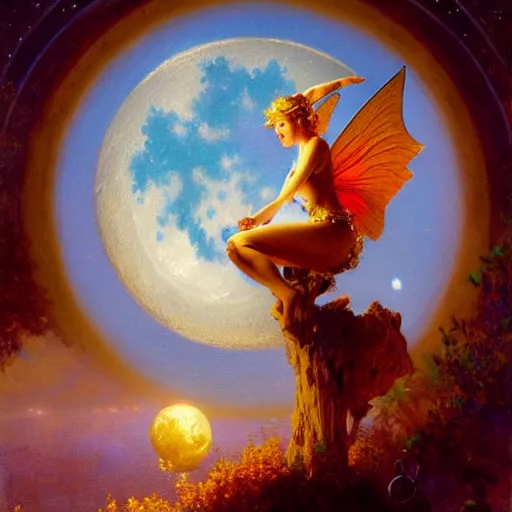 Image similar to attractive fairy magically floating high in the night, fantasy, full moon in background. highly detailed painting by gaston bussiere, craig mullins, j. c. leyendecker, sharp focus, 8 k