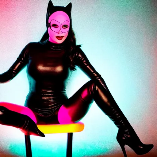Image similar to Fully-clothed full-body portrait of dillion harper as catwoman with eyes covered, leather thigh-high boots, studio lighting, professional, 8K, neon pink leather