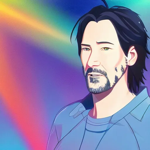 Prompt: Animation of Keanu Reeves in Kimi No Na Wa, Your Name, Matoko Shinkai, beautiful, anime, colorful, animation, CoMix Wave Films