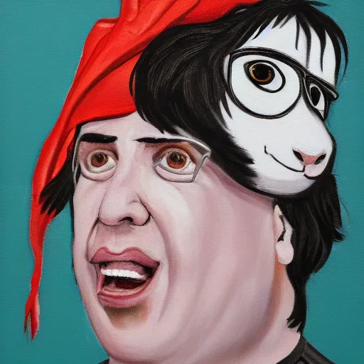Image similar to andy milonakis as a goat, goat body, human head, anthropomorphic, 4 k, painting, cartoon high details