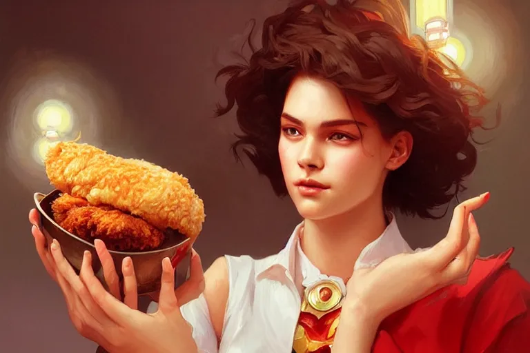 Image similar to kfc chicken, portrait, elegant, intricate, digital painting, artstation, concept art, smooth, sharp focus, illustration, art by artgerm and greg rutkowski and alphonse mucha