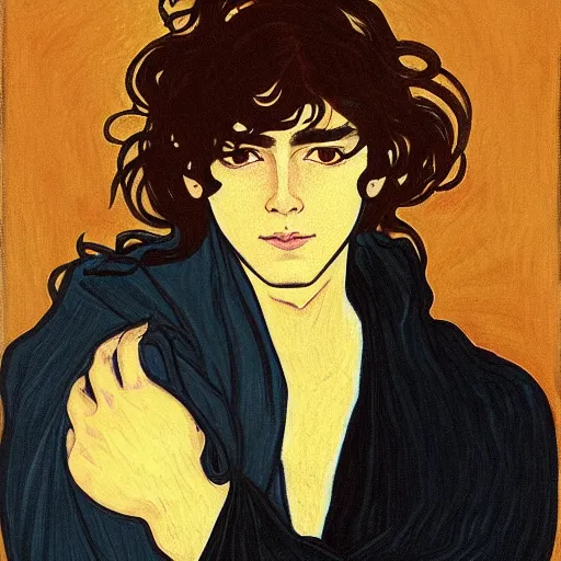 Image similar to painting of young cute handsome beautiful dark medium wavy hair man in his 2 0 s named shadow taehyung at the halloween pumpkin jack o'lantern party, depressed, melancholy, autumn, japan, elegant, clear, painting, stylized, delicate, soft facial features, delicate facial features, soft art, art by alphonse mucha, vincent van gogh, egon schiele