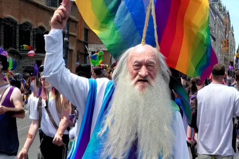 Prompt: dumbledore at a gay pride parade