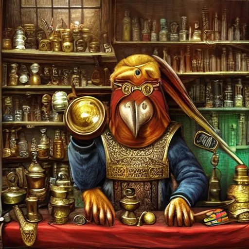 Prompt: Anthropomorphized parrot trader in his shop, selling his wares, portrait, items, gold, magic potions, carpet, window, sly expression , cunning expression, cute expression, long thick shiny gold beak, presenting wares, D&D, fantasy, cinematic lighting, highly detailed, digital painting, artstation, concept art, smooth, sharp focus, illustration, warm light, cozy warm tint, magic the gathering artwork, volumetric lighting, 8k, art by Akihiko Yoshida, Greg Rutkowski