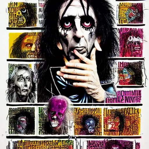 Image similar to graphic illustration, creative design, alice cooper, biopunk, francis bacon, highly detailed, hunter s thompson, mixed media