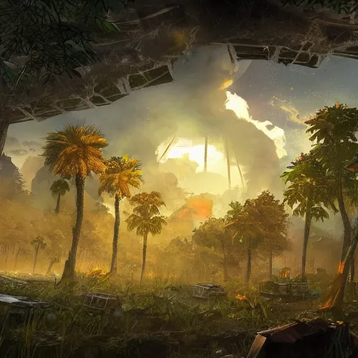 Image similar to Destroyed city, overgrown vegetation, surviving humans, blazing sky, game concept art, high detail
