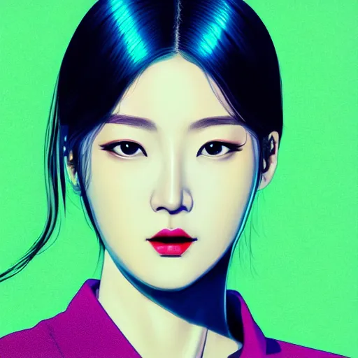 Prompt: half - electric jun ji hyun with cute - fine - face, pretty face, oil slick multicolored hair, perfect face, extremely fine details, volumetric lighting, dynamic background, poster by ilya kuvshinov katsuhiro otomo