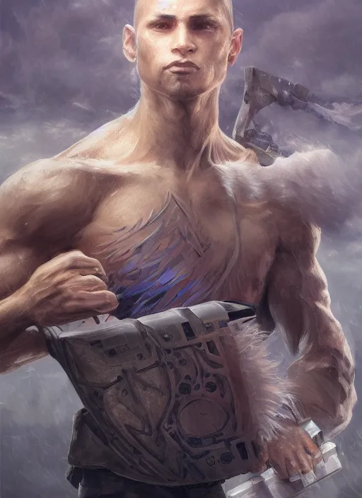 Image similar to upper body portrait of a keyboard warrior from final fantasy live action, holding a keyboard by his computer, award winning, masterpiece digital painting by greg rutkowski, alex grey, artstation, 4 k wallpaper,