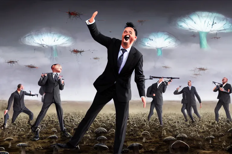 Image similar to a Comedian in suit and tie performing in a battle field with smiling dead bodies on the ground, comedian is funny, performing to dead soldiers, nuclear bomb mushroom cloud in far horizon, apocalypse, trending on artstation, artstationHD, hyperdetailed matte painting, highly detailed, digital painting, hyper-realistic, realistic, photorealistic