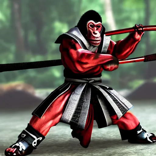 Image similar to a videogame still of an Ape Samurai fighting game, 40mm lens, shallow depth of field, split lighting