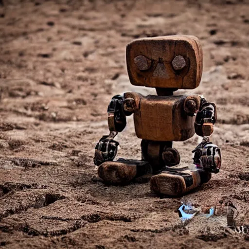 Image similar to ancient robot made of wood and clay. Historic photo from archaeological site 4K