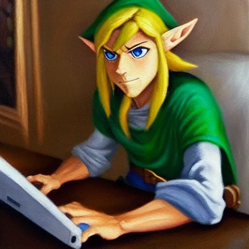 Image similar to link from zelda using computer, painting by by ralph grady james, jean christian biville