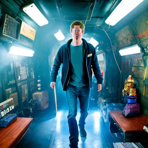 Image similar to Mark Zuckerberg in Ready Player One, movie still, promo material, EOS-1D, f/1.4, ISO 200, 1/160s, 8K, RAW, unedited, symmetrical balance, in-frame